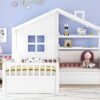 Twin Size House Bed With Sofa, Kids Platform Bed With 2 Drawers And Storage Shelf - White - Image 14
