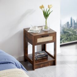 15.75" Rattan End Table With Drawer, Modern Nightstand, Side Table For Living Room, Bedroom - Rustic Brown