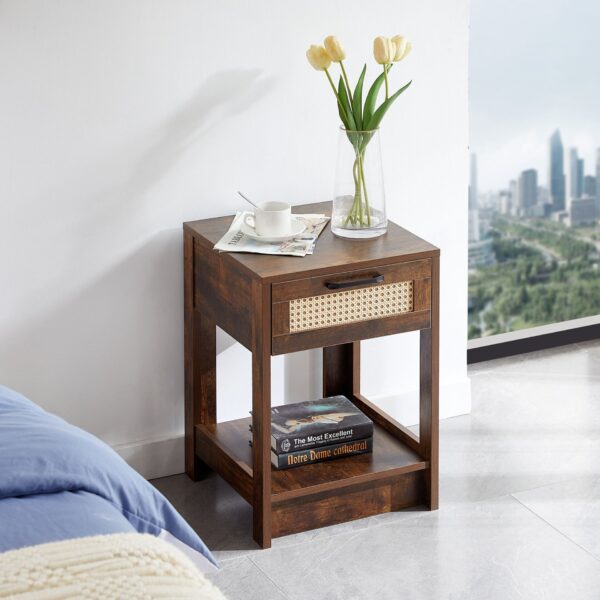 15.75" Rattan End Table With Drawer, Modern Nightstand, Side Table For Living Room, Bedroom - Rustic Brown