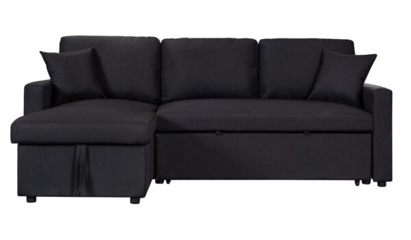 Paisley - Linen Fabric Reversible Sleeper Sectional Sofa With Storage Chaise - Black