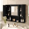 Wall Mounted Bathroom Medicine Cabinet, Modern Bathroom Wall Cabinet With Mirror, Mirror Cabinet With Open Shelves - Black - Image 4