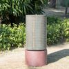 Tall Large Modern Cylinder Ribbed Tower Water Fountain With Rustic Base, Contemporary Antique Green Copper Outdoor Bird Feeder / Bath Cement Fountain - Antique Green - Image 5