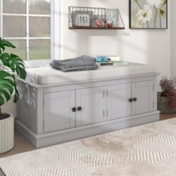 Storage Bench With 4 Doors And Adjustable Shelves, Shoe Bench With Removable Cushion For Living Room, Entryway - Gray Wash