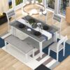 6 Piece Dining Set Classic And Traditional Style, Includes Dining Table, 4 Upholstered Chairs & Bench - White / Gray - Image 3