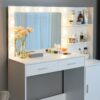 Vanity Desk With Mirror And Lights, 46.4In Dressing Table With 2 Large Drawer & Large Vertical Organizer, 3 Level Dresser & 3 Lighting Modes Adjustable Brightness, Suitable For Bedroom - White - Image 2