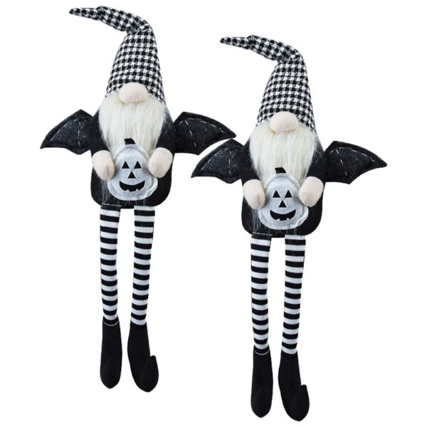 Sitting Gnome With Wings & Plaid Hat, For Halloween Decor (Set of 2) - Black White