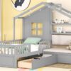 Twin Size House Bed With Sofa, Kids Platform Bed With 2 Drawers And Storage Shelf - Gray - Image 16
