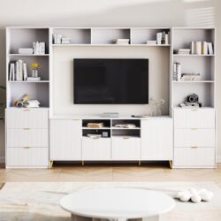 4 Piece Entertainment Wall Unit With 13 Shelves, 8 Drawers And 2 Cabinets, Multifunctional TV Stand Media Storage Cabinet With Fluted Line Surface For Living Room, For TVs Up To 70" - White