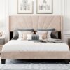 Queen Size Upholstered Platform Bed, Box Spring Needed - Beige - Image 14