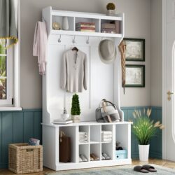 Hall Tree With 6 Hooks, Coat Hanger, Entryway Bench, Storage Bench, 3 In 1 Design, For Entrance, Hallway - White