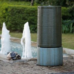 Tall Large Round Green Ribbed Tower Water Fountain, Verge Bronze, Cement Outdoor Bird Feeder / Bath Fountain - Antique Green