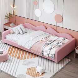 Twin Size Upholstered Daybed, Sherpa Fabric Sofabed With Cloud-Shaped Backrest, No Box - Spring Needed - Pink