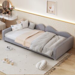 Twin Size Upholstered Daybed, Sherpa Fabric Sofabed With Cloud-Shaped Backrest, No Box - Spring Needed - Gray