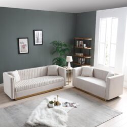 Contemporary Vertical Channel Tufted Velvet Sofa Loveseat Upholstered 2 Pieces Set With 4 Pillows - Beige