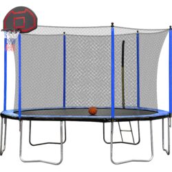 15Ft Trampoline With Basketball Hoop Inflator And Ladder (Inner Safety Enclosure) - Blue