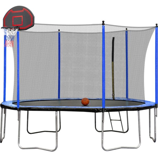 15Ft Trampoline With Basketball Hoop Inflator And Ladder (Inner Safety Enclosure) - Blue