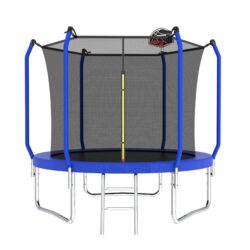 8Ft Trampoline With Basketball Hoop, Astm Approved Reinforced Type Outdoor Trampoline With Enclosure Net - Blue