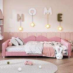 Full Size Upholstered Daybed, Sherpa Fabric Sofabed With Cloud-Shaped Backrest, No Box - Spring Needed - Pink