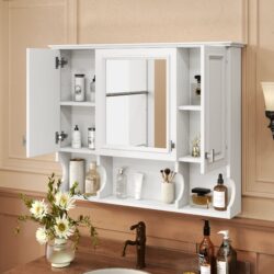 Wall Mounted Bathroom Medicine Cabinet, Modern Bathroom Wall Cabinet With Mirror, Mirror Cabinet With Open Shelves - White