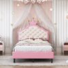 Twin Size Lovely Crown Fantasy Leather Princess Bed With Tufted Headboard - Pink / Cream - Image 13