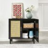 Side Panel Buffet Cabinet With Natural Rattan Door, Rattan Storage Cabinet With Adjustable Shelves, Side Panel And Buffet With Storage Space, Modern Console Cabinet In Bedroom And Living Room - Black / Beige - Image 5