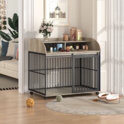 44'' Heavy Duty Large Dog Crate Furniture For Large Medium Dog With Lockable Wheels, Wooden Dog Crate Dog Kennel, End Table Crate With Double Layer Storage - Gray