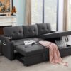 Mabel - Linen Fabric Sleeper Sectional With Cupholder, USB Charging Port And Pocket - Dark Gray - Image 4