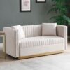 Contemporary Vertical Channel Tufted Velvet Sofa Loveseat Upholstered 2 Pieces Set With 4 Pillows - Beige - Image 4