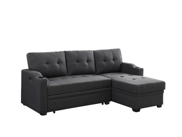 Mabel - Linen Fabric Sleeper Sectional With Cupholder, USB Charging Port And Pocket - Dark Gray
