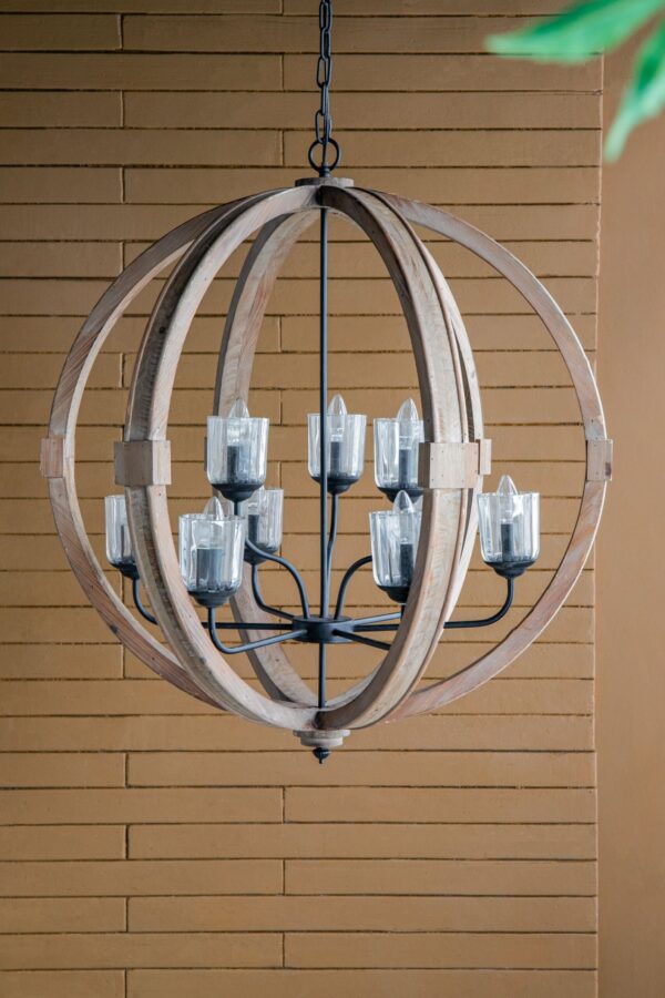 9 Light Globe Chandelier, Wood Chandelier Hanging Light Fixture With Adjustable Chain For Kitchen, Bulb Not Included - Brown