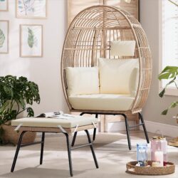 Outdoor Garden Wicker Egg Chair And Footstool Patio Chaise, With Cushions, Outdoor Indoor Basket Chair - White / Natural