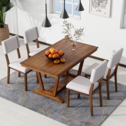 Topmax - 5 Piece Rustic Dining Table Set With 4 Upholstered Chairs, Rectangular Dining Table With Trestle Table Base - Walnut