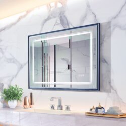 40*30" LED Bathroom Beveled Mirror, 3000 - 6000K Gradient Front And Backlit LED Mirror For Bathroom, 3 Colors Dimmable, Ip54 Enhanced Anti - Fog, Hanging Plates Wall Mount Lighted Mirror - Gray
