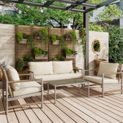 4 Pieces Patio Furniture Set, PE Rattan Wicker With Washable Cushion And Tempered Glass Tabletop, Conversation Furniture For Garden Poolside Balcony - White / Natural