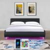 Queen Size Upholstered Platform Bed Frame, LED Lighting With Remote Controller And App, Curve Design, Wood Slat Support, No Box Spring Needed - Black - Image 2