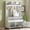 5 In 1 Entryway Bench With Shutter - Shaped Doors, Coat Rack, Cushion And 4 Sturdy Hooks, Wide Hall Tree With Storage Bench For Hallway, Entryway, Living Room - White - Image 3