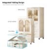 Side Wide Folding Wardrobe, With Magnetic Door, Plastic Storage Cabinet With Wheels (1 Layer Of Wardrobe + 2 Layers Of Folding Boxes + 10 Hangers) - Cream White - Image 2