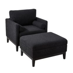 Farmhouse Upholstered Accent Chair With Ottoman Wood Base, Reversible Lid Coffee Table For Living Room Or Office - Black