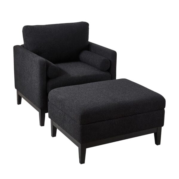 Farmhouse Upholstered Accent Chair With Ottoman Wood Base, Reversible Lid Coffee Table For Living Room Or Office - Black