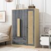 3 Doors Rattan Wardrobe Storage For Bedroom, With 2 Drawers - Gray / Nature - Image 7