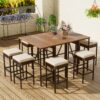 10 Piece Outdoor Acacia Wood Bar Height Table And 8 Stools With Cushions, Garden Wicker Dining Table, Foldable Tabletop, High Dining Bistro Set, All-Weather Patio Furniture - Brown - Image 16
