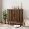 Farmhouse Sideboard Buffet Cabinet With Louvered Doors, Wood Coffee Bar Storage For Kitchen & Living Room - Walnut - Image 2