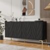 Modern Sideboard Buffet Cabinet With Handleless Press To Open Design, Carved Credenza Storage Cabinet With 4 Doors Construction - Black - Image 2