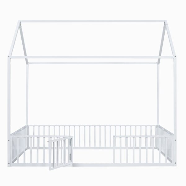 Full Size Metal House Bed With Fence And Door - White