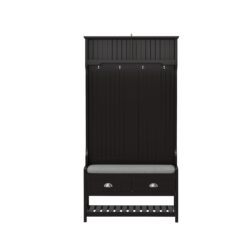 3 In 1 Wooden Hallway Hall Tree With Storage Drawers, Coat Rack, Shoe Rack Bench, And Cushion - Amber Graphite / Black