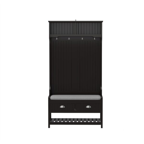 3 In 1 Wooden Hallway Hall Tree With Storage Drawers, Coat Rack, Shoe Rack Bench, And Cushion - Amber Graphite / Black