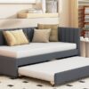 Upholstered Daybed With Trundle Twin Size Sofa Bed Frame No Box Spring Needed, Linen - Gray - Image 16