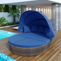 Outdoor Rattan Daybed Sunbed With Retractable Canopy Wicker Furniture, Round Outdoor Sectional Sofa Set - Gray Wicker Furniture Clamshell Seating With Washable Cushions, Backyard, Porch - Blue