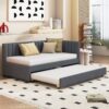 Upholstered Daybed With Trundle Twin Size Sofa Bed Frame No Box Spring Needed, Linen - Gray - Image 11