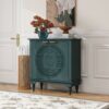Hollow Carved 2 Door Accent Cabinet With Adjustable Shelf, Sideboard Buffet For Entryway, Living Room Or Bedroom - Blackish Green - Image 4